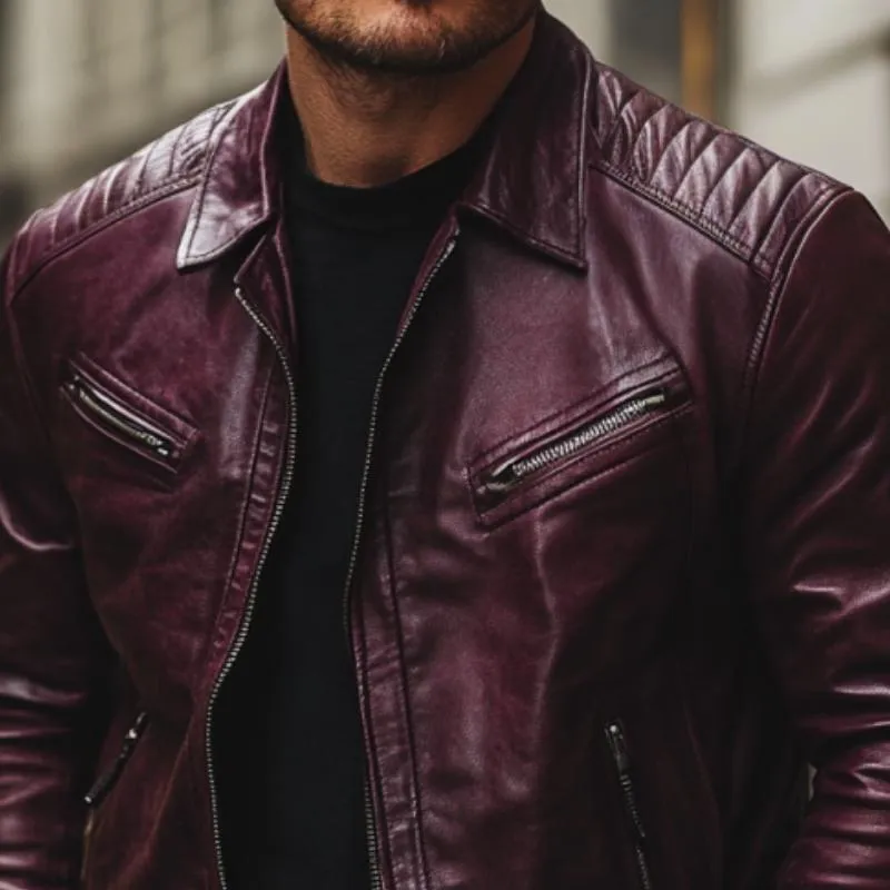 Men's Vintage Lapel Zippered Multi-Pocket Leather Motorcycle Jacket 39796183M sold by Manly product image thumbnail 3