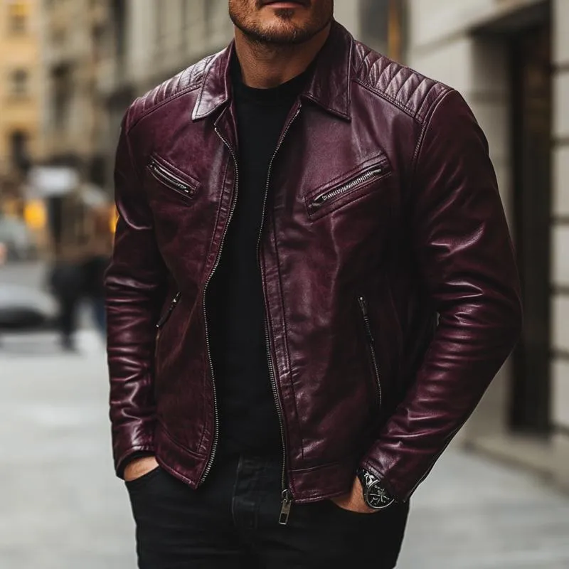 Men's Vintage Lapel Zippered Multi-Pocket Leather Motorcycle Jacket 39796183M sold by Manly product image thumbnail 2