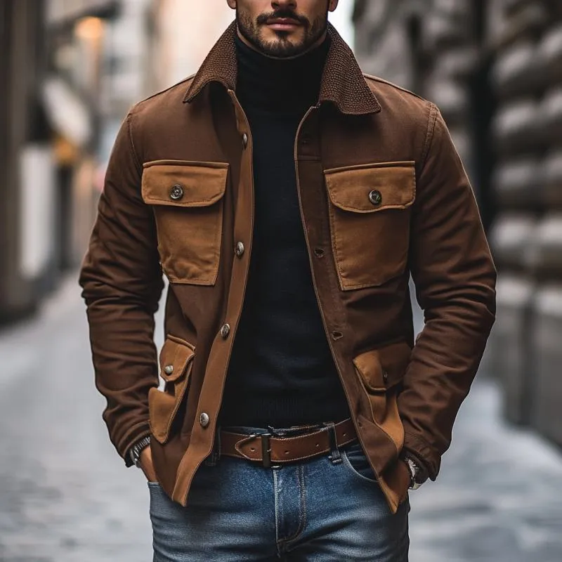 Men's Casual Outdoor Cotton Lapel Colorblock Patchwork Multi-pocket Zipper Work Jacket 52578643M sold by Manly product image thumbnail 2