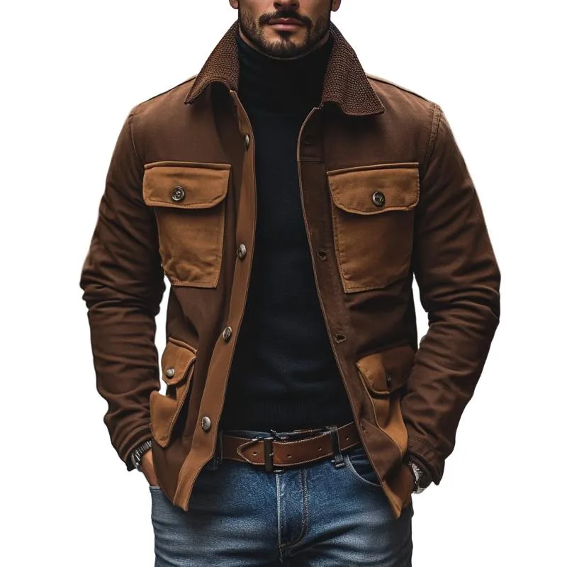 Men's Casual Outdoor Cotton Lapel Colorblock Patchwork Multi-pocket Zipper Work Jacket 52578643M sold by Manly