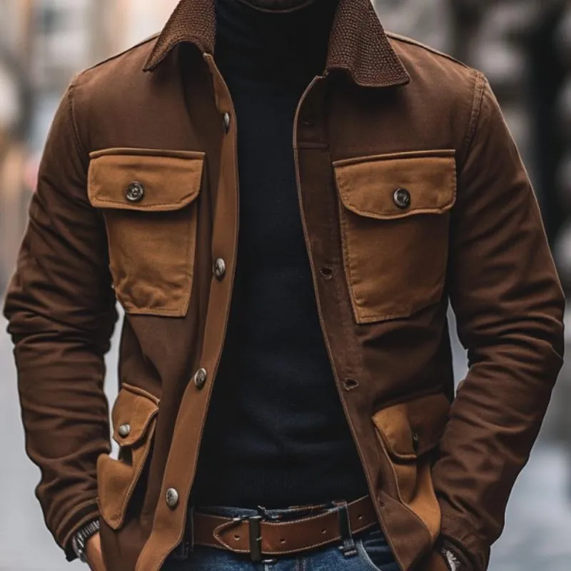 Men's Casual Outdoor Cotton Lapel Colorblock Patchwork Multi-pocket Zipper Work Jacket 52578643M sold by Manly product image thumbnail 3