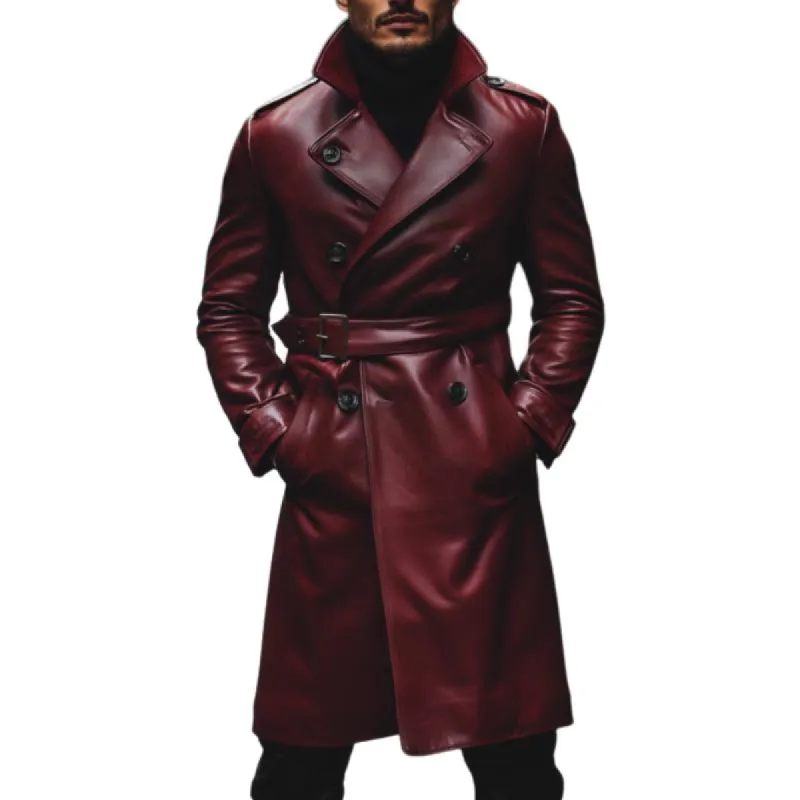 Men's Vintage Lapel Notch Lapel Double Breasted Belt Slim Fit Leather Long Coat 05542913M sold by Manly