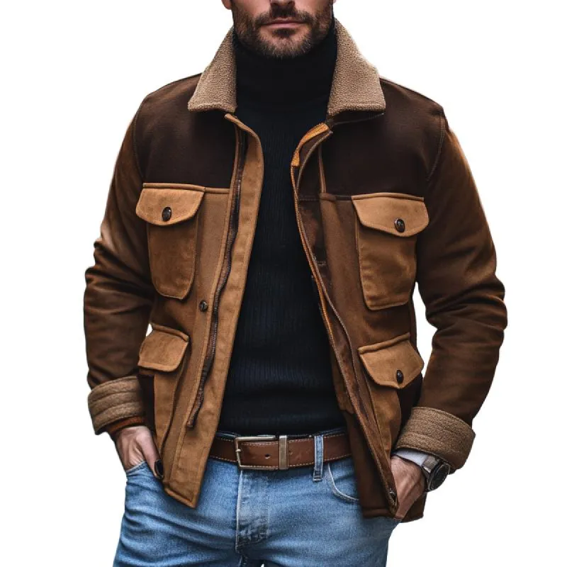 Men's Vintage Lapel Suede Colorblock Patchwork Multi-Pocket Zipper Work Jacket 69822819M sold by Manly