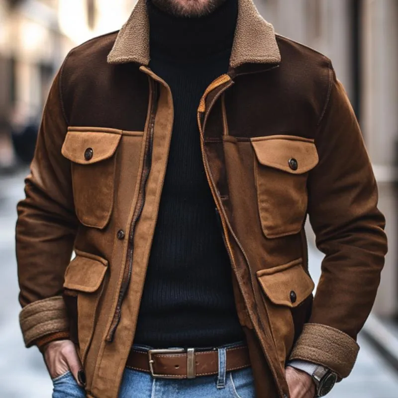 Men's Vintage Lapel Suede Colorblock Patchwork Multi-Pocket Zipper Work Jacket 69822819M sold by Manly product image thumbnail 3