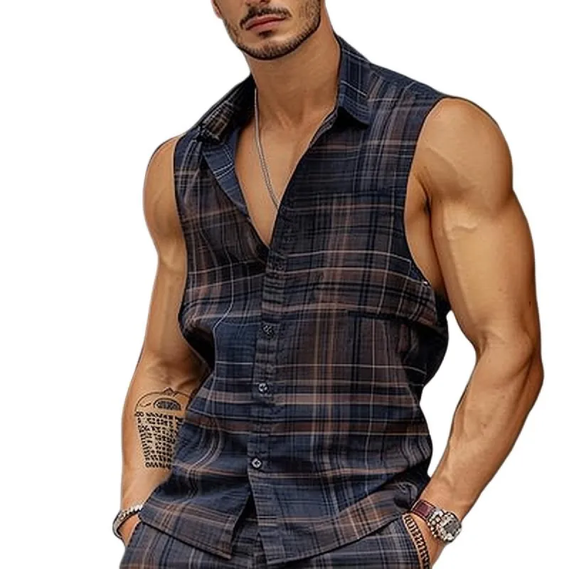 Men's Check Print Sleeveless Shirt 09600403Y sold by Manly