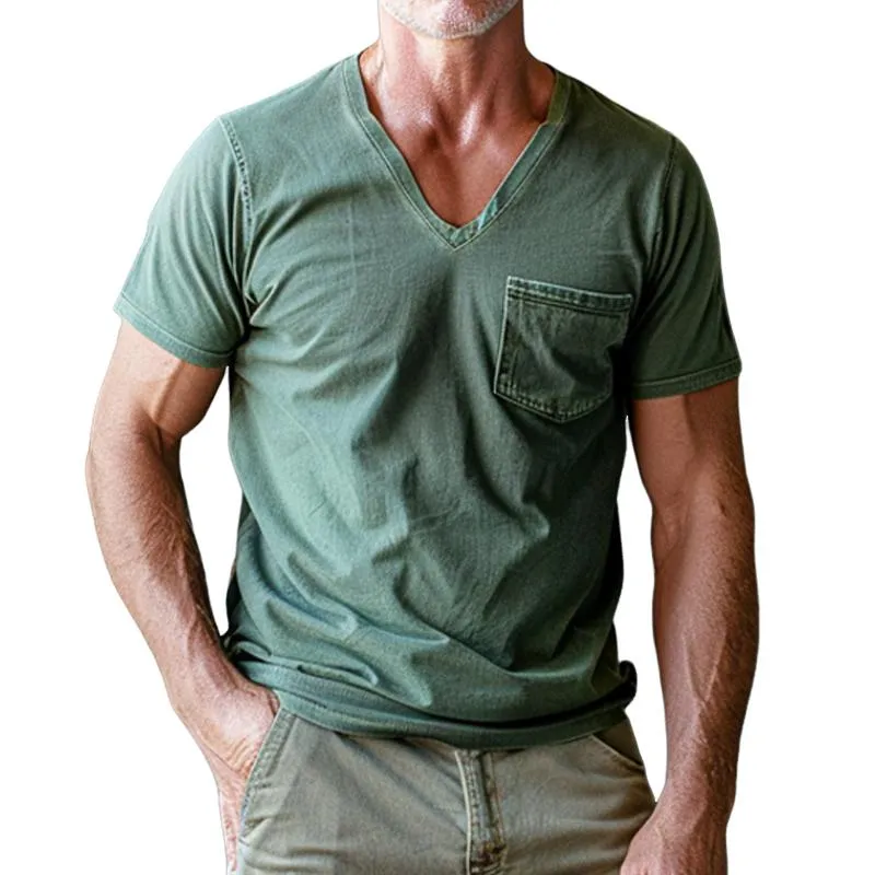 Men's Casual V-neck Solid Color Short-sleeved T-shirt 21196409X sold by Manly