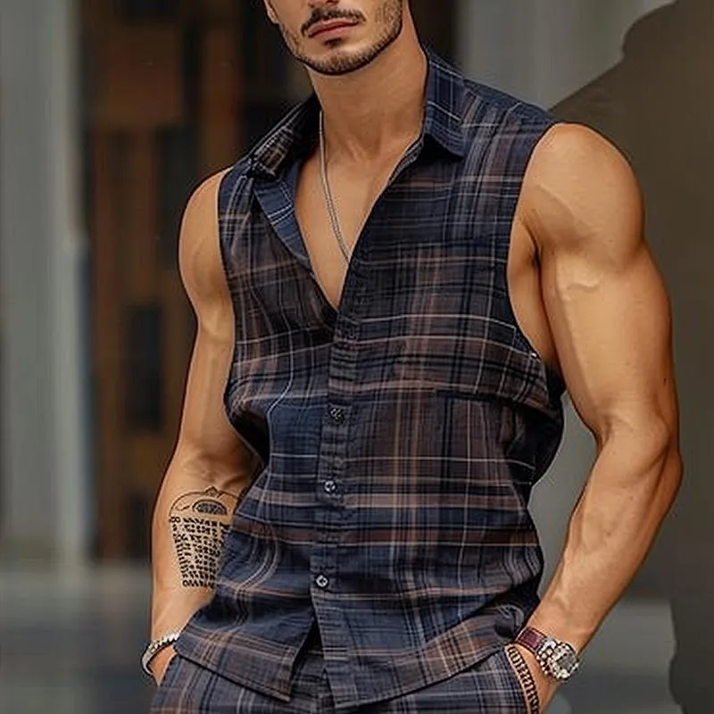Men's Check Print Sleeveless Shirt 09600403Y sold by Manly product image thumbnail 3