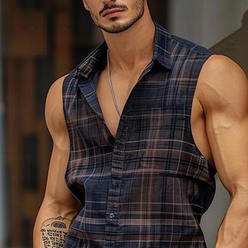 Men's Check Print Sleeveless Shirt 09600403Y sold by Manly product image thumbnail 2