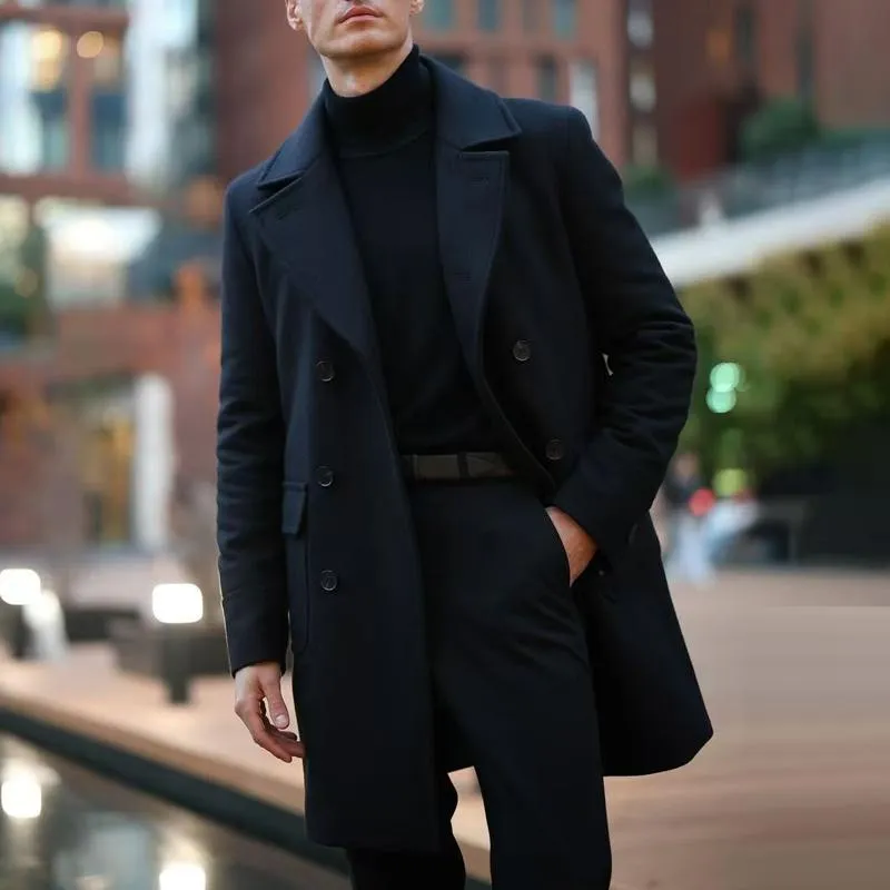 Men's Solid Color Notch Lapel Double Breasted Mid-length Coat 40216153Z sold by Manly product image thumbnail 4