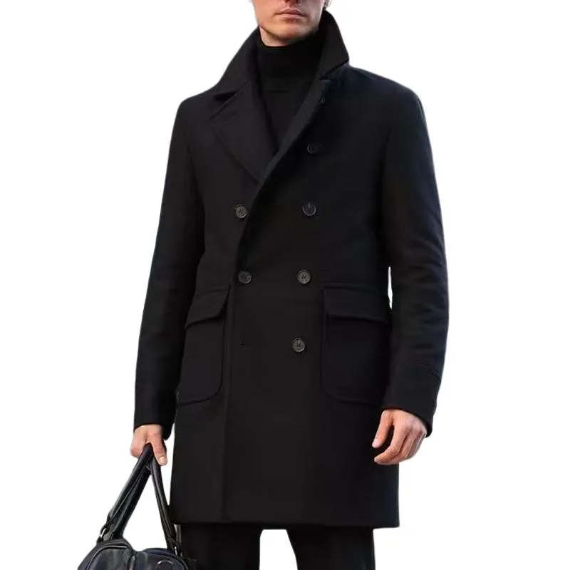 Men's Solid Color Notch Lapel Double Breasted Mid-length Coat 40216153Z sold by Manly