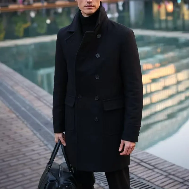 Men's Solid Color Notch Lapel Double Breasted Mid-length Coat 40216153Z sold by Manly product image thumbnail 5