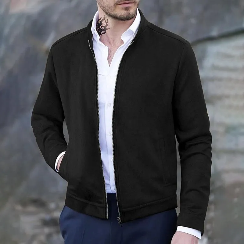 Men's Solid Suede Stand Collar Long Sleeve Zipper Jacket 85385574Z sold by Manly product image thumbnail 4