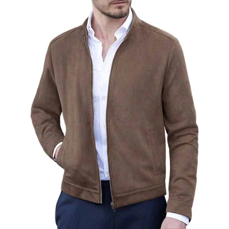 Men's Solid Suede Stand Collar Long Sleeve Zipper Jacket 85385574Z sold by Manly