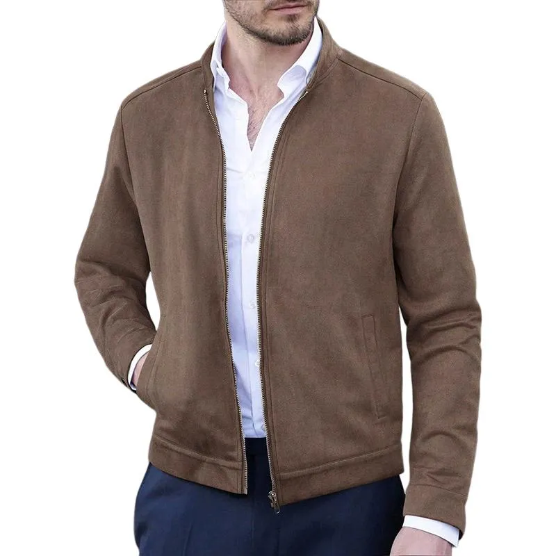 Men's Solid Suede Stand Collar Long Sleeve Zipper Jacket 85385574Z sold by Manly