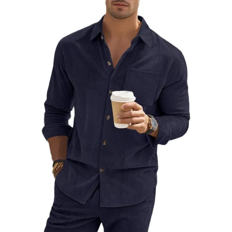 Men's Solid Corduroy Lapel Long Sleeve Casual Shirt 11719770Z sold by Manly