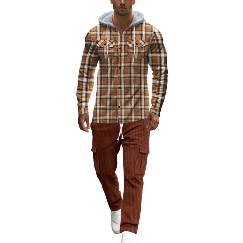 Men's Vintage Plaid Flannel Hooded Jacket Corduroy Pants Set 64571529Y sold by Manly product image thumbnail 2