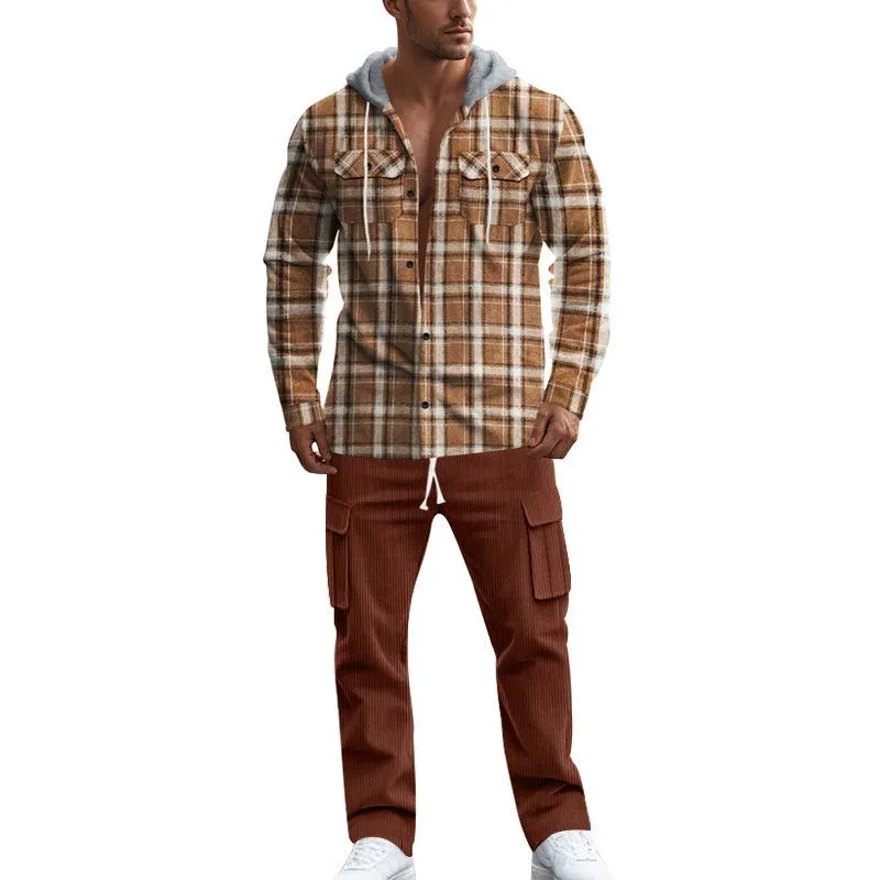 Men's Vintage Plaid Flannel Hooded Jacket Corduroy Pants Set 64571529Y sold by Manly product image thumbnail 3