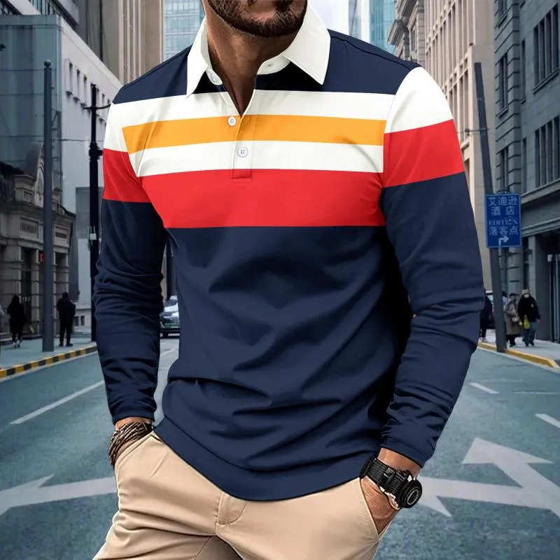Men's Retro Striped Colorblock Button Lapel Long Sleeve Polo Shirt 29370142Y sold by Manly product image thumbnail 2