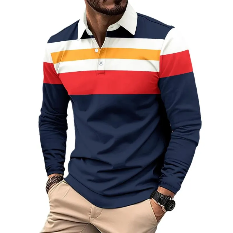 Men's Retro Striped Colorblock Button Lapel Long Sleeve Polo Shirt 29370142Y sold by Manly