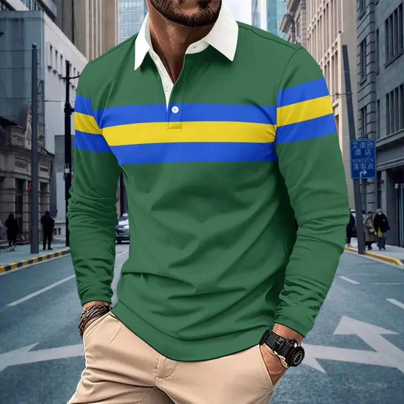 Men's Retro Striped Colorblock Button Lapel Long Sleeve Polo Shirt 92967913Y sold by Manly product image thumbnail 2