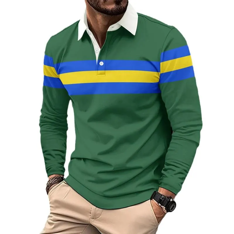 Men's Retro Striped Colorblock Button Lapel Long Sleeve Polo Shirt 92967913Y sold by Manly