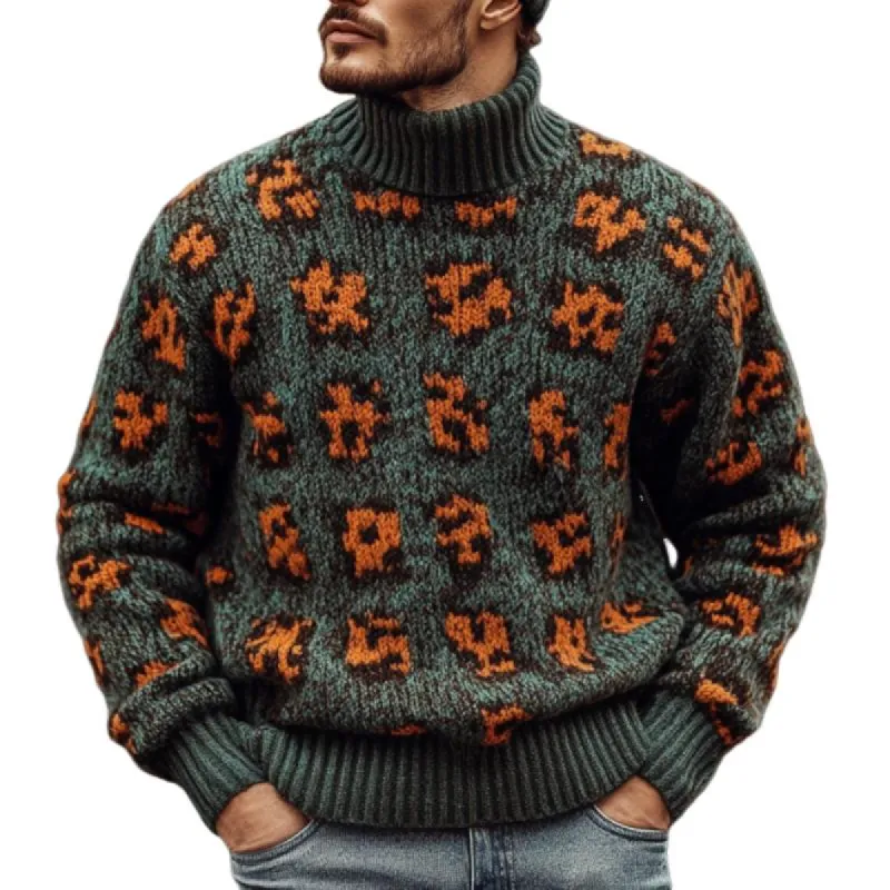 Men's Fashion Colorblock Leopard Turtleneck Warm Knitted Sweater 86039436M sold by Manly