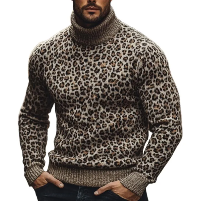 Men's Fashion Leopard Jacquard Turtleneck Warm Knitted Sweater 81154421M sold by Manly