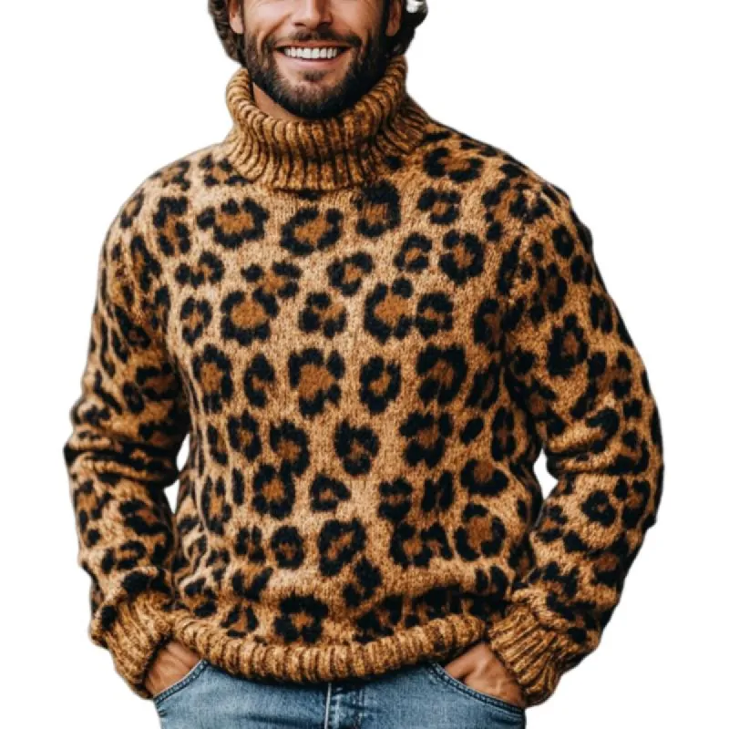 Men's Fashion Leopard Jacquard Turtleneck Warm Knitted Sweater 82831835M sold by Manly