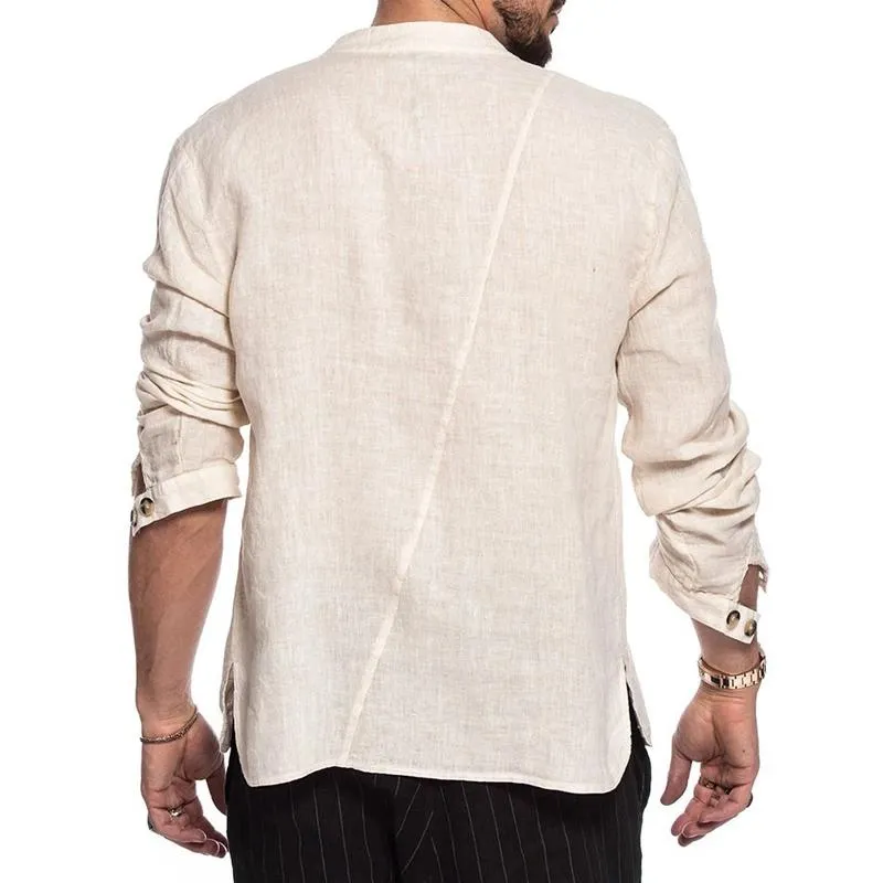 Men's Stand Collar Cotton and Linen Loose Long Sleeve Shirt 65664404U sold by Manly product image thumbnail 4