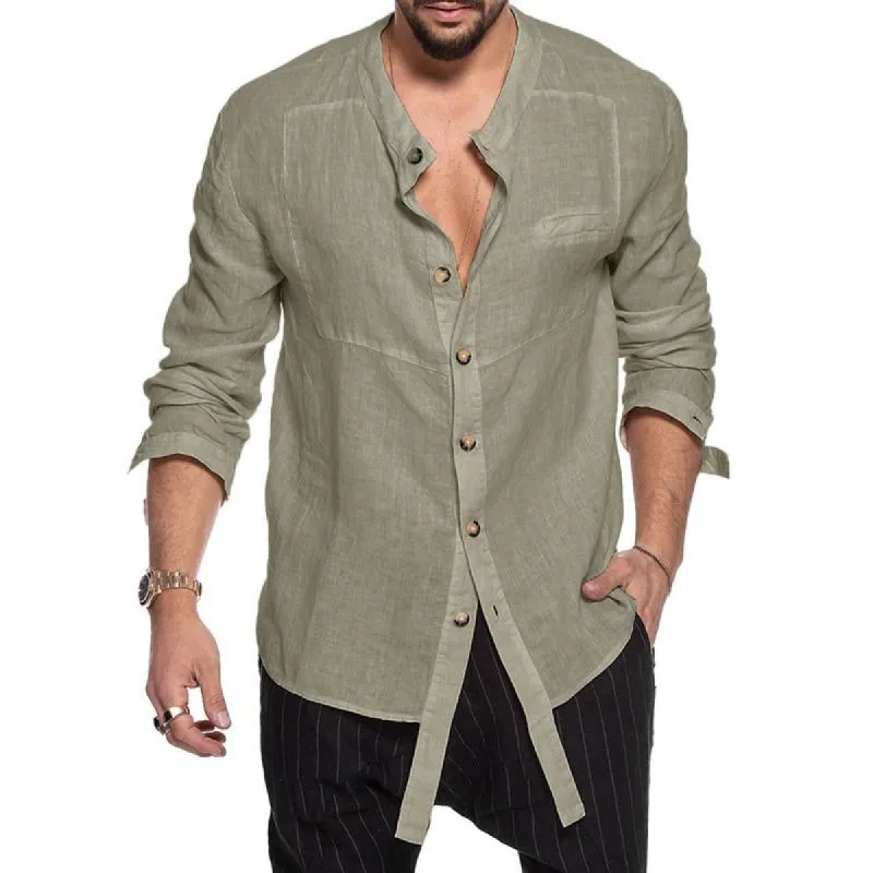 Men's Stand Collar Cotton and Linen Loose Long Sleeve Shirt 65664404U sold by Manly