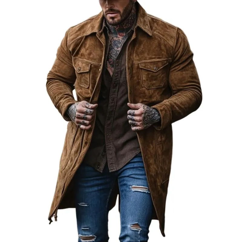 Men's Solid Color Suede Multi-Pocket Mid-Length Windbreaker Trench Coat 59959044Y sold by Manly