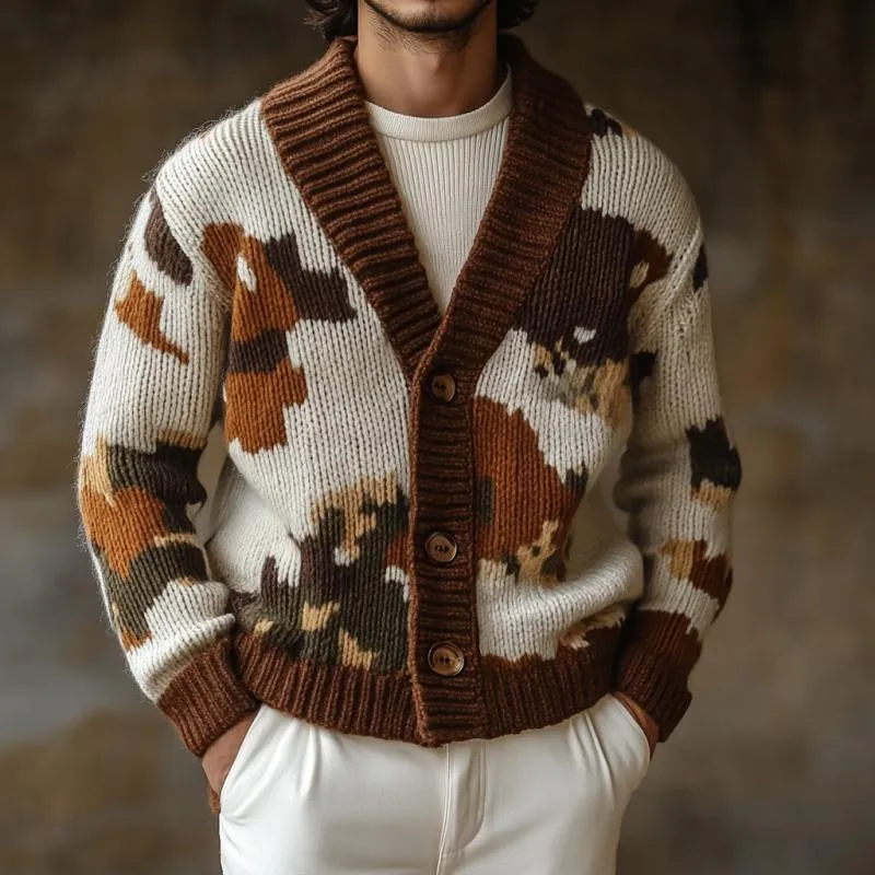 Men's Retro Colorblock Jacquard Collarless Single Breasted Knitted Cardigan 44405796Y sold by Manly product image thumbnail 3