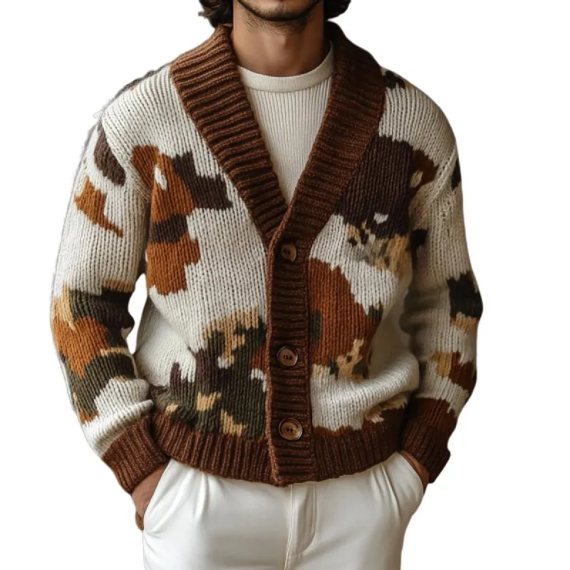 Men's Retro Colorblock Jacquard Collarless Single Breasted Knitted Cardigan 44405796Y sold by Manly