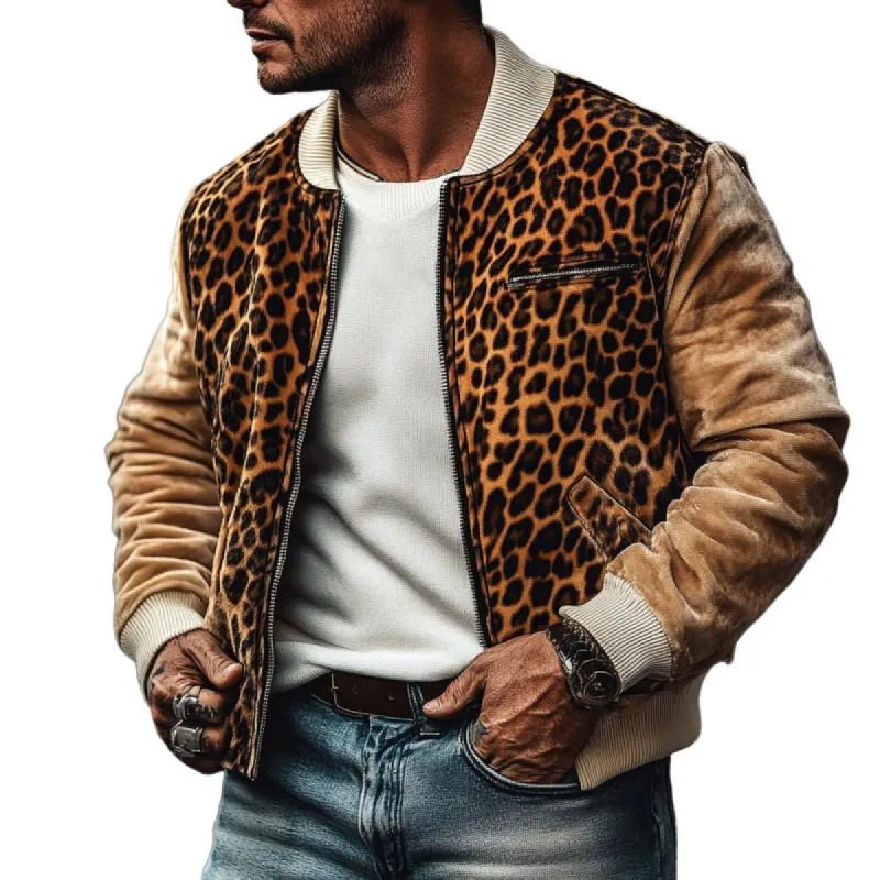 Men's Retro Leopard Plush Stitching Round Neck Baseball Jacket Coat 35909720Y sold by Manly