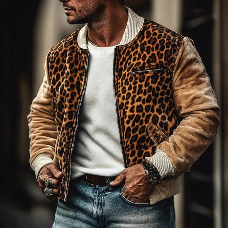 Men's Retro Leopard Plush Stitching Round Neck Baseball Jacket Coat 35909720Y sold by Manly product image thumbnail 3