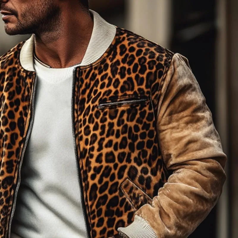 Men's Retro Leopard Plush Stitching Round Neck Baseball Jacket Coat 35909720Y sold by Manly product image thumbnail 2