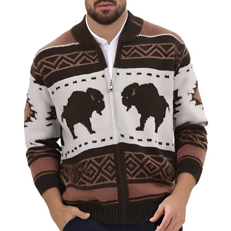Men's Vintage Jacquard Lapel Zipper Thick Knitted Cardigan 87548598M sold by Manly