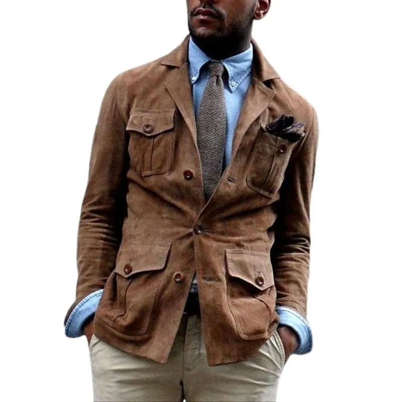 Men's Vintage Notched Lapel Suede Multi-Pocket Slim Jacket 05483349M sold by Manly