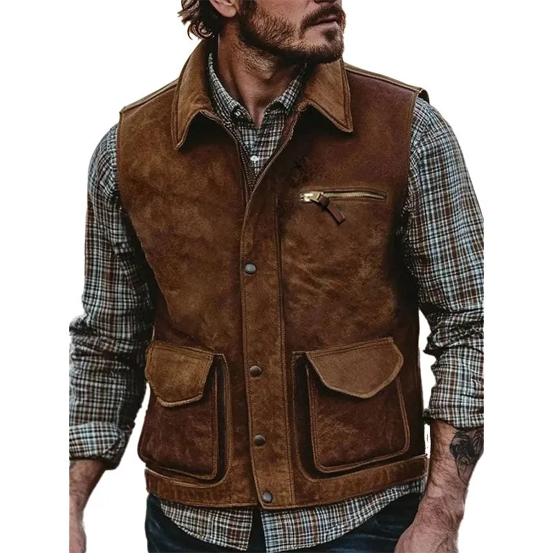 Men's Suede Vintage Lapel Zipper Vest 86998119X sold by Manly