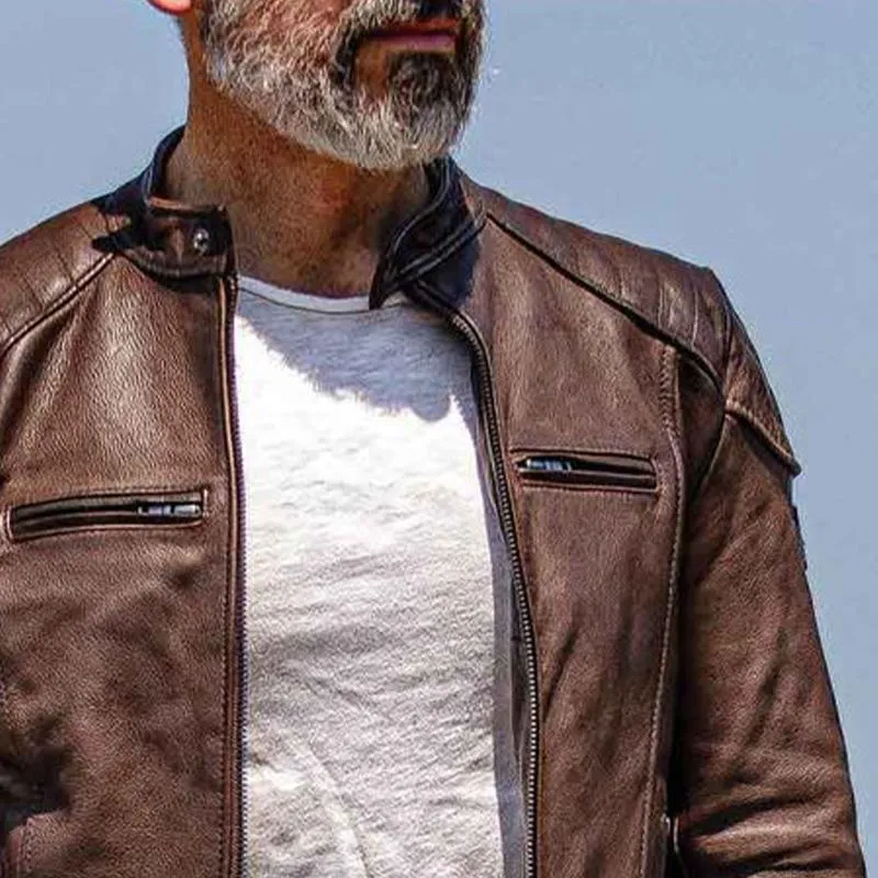 Men's Vintage Biker Stand Collar Zipper Leather Jacket 50349330X sold by Manly product image thumbnail 3