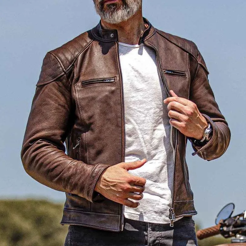 Men's Vintage Biker Stand Collar Zipper Leather Jacket 50349330X sold by Manly product image thumbnail 4