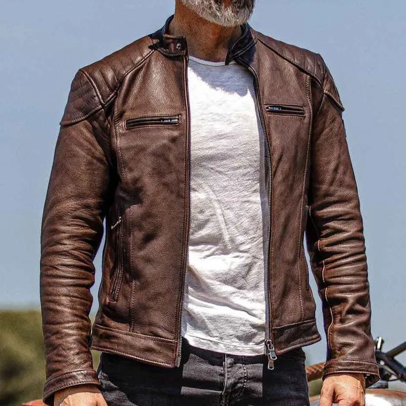 Men's Vintage Biker Stand Collar Zipper Leather Jacket 50349330X sold by Manly product image thumbnail 2