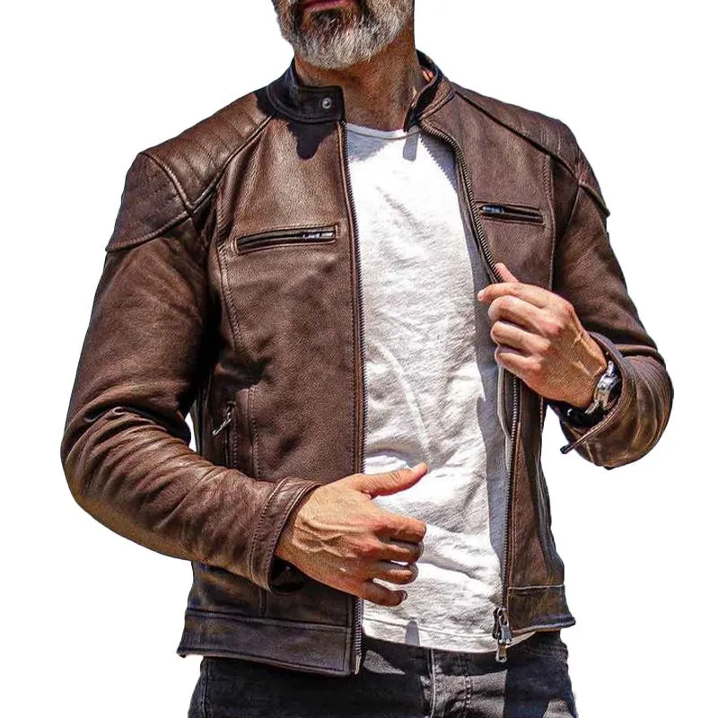 Men's Vintage Biker Stand Collar Zipper Leather Jacket 50349330X sold by Manly