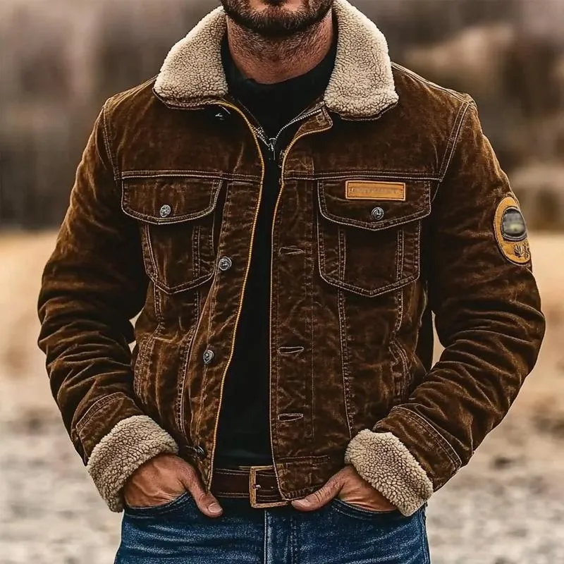 Men's Solid Color Corduroy Lapel Polar Fleece Splicing Jacket 56905283X sold by Manly product image thumbnail 4