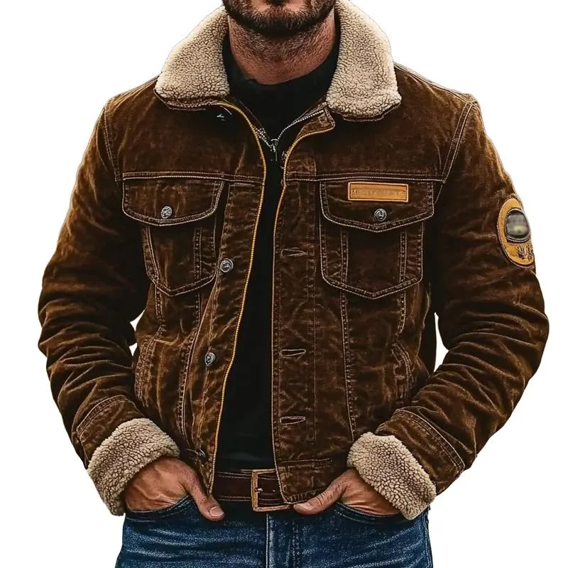 Men's Solid Color Corduroy Lapel Polar Fleece Splicing Jacket 56905283X sold by Manly