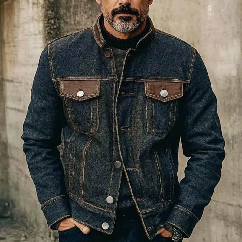 Men's Vintage Patchwork Stand-collar Denim Jacket 71114325X sold by Manly product image thumbnail 4