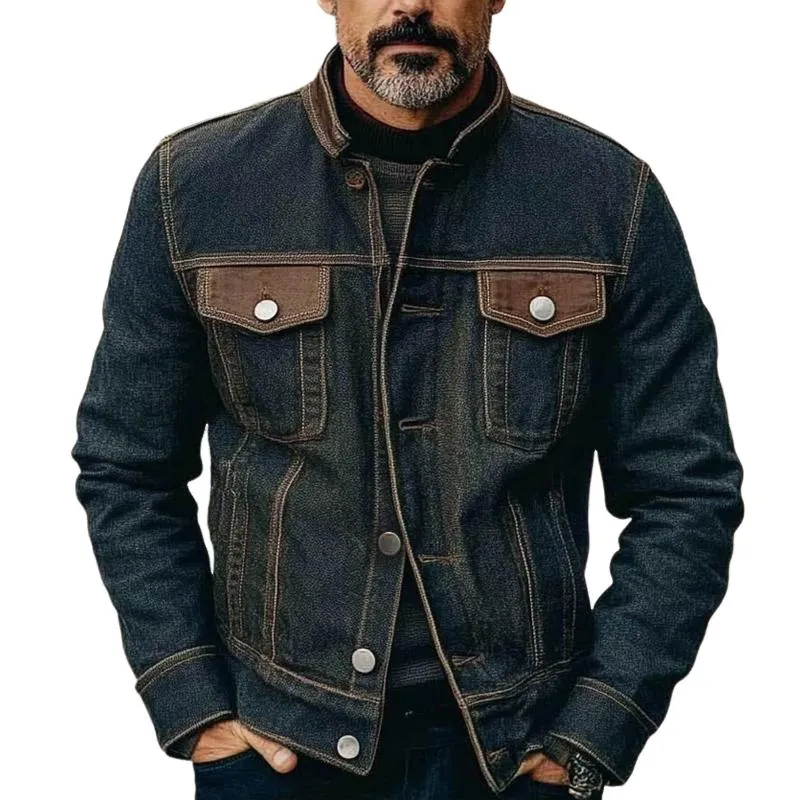 Men's Vintage Patchwork Stand-collar Denim Jacket 71114325X sold by Manly