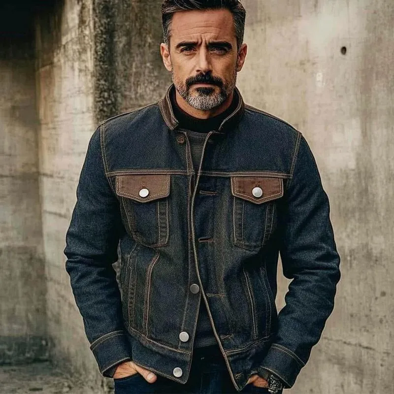 Men's Vintage Patchwork Stand-collar Denim Jacket 71114325X sold by Manly product image thumbnail 2