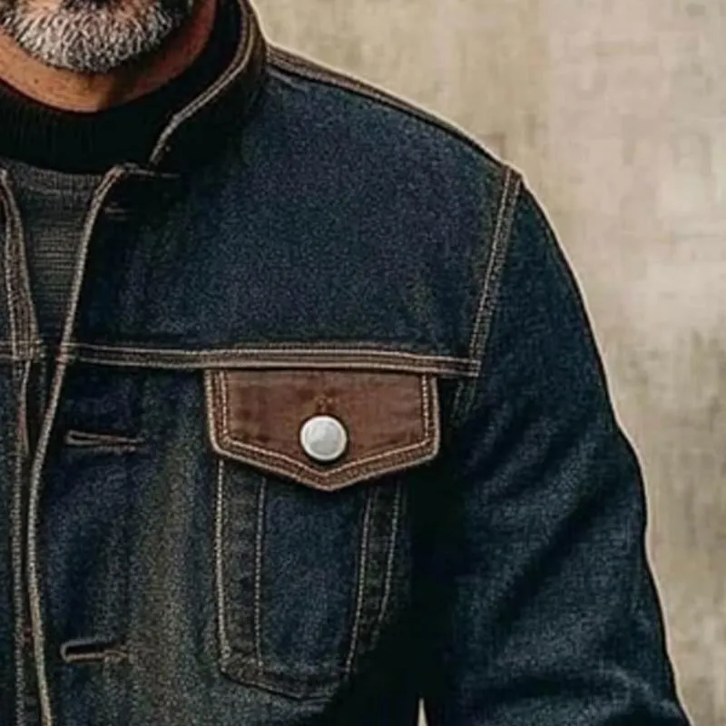 Men's Vintage Patchwork Stand-collar Denim Jacket 71114325X sold by Manly product image thumbnail 3