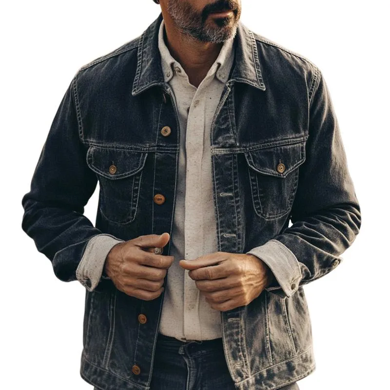 Men's Vintage Washed Lapel Denim Jacket 22683508X sold by Manly